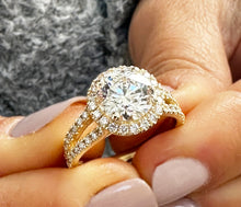 Load image into Gallery viewer, GIA Certified Round Cut Natural Diamond Engagement Ring Halo Split Shank Design Set In 14K Solid Yellow Gold Bridal Wedding Ring 2.10ctw