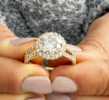 Load image into Gallery viewer, Cushion Cut Lab Pink Sapphire And Round Cut Sides Lab Diamonds Engagement Ring And Matching Band 14K Solid Yellow Gold Halo Wedding Set 3.00