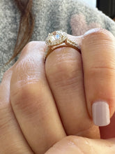 Load image into Gallery viewer, Cushion Cut Lab Pink Sapphire And Round Cut Sides Lab Diamonds Engagement Ring And Matching Band 14K Solid Yellow Gold Halo Wedding Set 3.00