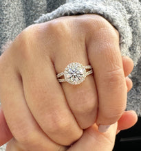 Load image into Gallery viewer, Cushion Cut Lab Pink Sapphire And Round Cut Sides Lab Diamonds Engagement Ring And Matching Band 14K Solid Yellow Gold Halo Wedding Set 3.00