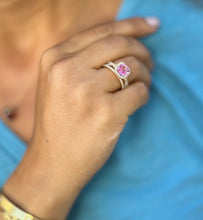 Load image into Gallery viewer, Cushion Cut Lab Pink Sapphire And Round Cut Sides Lab Diamonds Engagement Ring And Matching Band 14K Solid Yellow Gold Halo Wedding Set 3.00