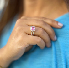 Load image into Gallery viewer, Cushion Cut Lab Pink Sapphire And Round Cut Sides Lab Diamonds Engagement Ring And Matching Band 14K Solid Yellow Gold Halo Wedding Set 3.00