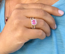 Load image into Gallery viewer, Cushion Cut Lab Pink Sapphire And Round Cut Sides Lab Diamonds Engagement Ring And Matching Band 14K Solid Yellow Gold Halo Wedding Set 3.00