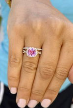 Load image into Gallery viewer, Cushion Cut Lab Pink Sapphire And Round Cut Sides Lab Diamonds Engagement Ring And Matching Band 14K Solid Yellow Gold Halo Wedding Set 3.00
