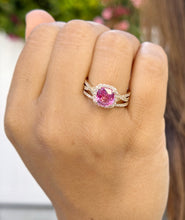Load image into Gallery viewer, Cushion Cut Lab Pink Sapphire And Round Cut Sides Lab Diamonds Engagement Ring And Matching Band 14K Solid Yellow Gold Halo Wedding Set 3.00