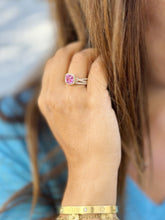 Load image into Gallery viewer, Cushion Cut Lab Pink Sapphire And Round Cut Sides Lab Diamonds Engagement Ring And Matching Band 14K Solid Yellow Gold Halo Wedding Set 3.00