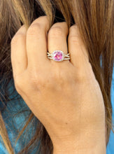 Load image into Gallery viewer, Cushion Cut Lab Pink Sapphire And Round Cut Sides Lab Diamonds Engagement Ring And Matching Band 14K Solid Yellow Gold Halo Wedding Set 3.00