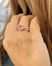 Load image into Gallery viewer, Cushion Cut Lab Pink Sapphire And Round Cut Sides Lab Diamonds Engagement Ring And Matching Band 14K Solid Yellow Gold Halo Wedding Set 3.00