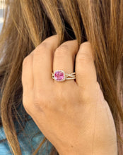 Load image into Gallery viewer, Cushion Cut Lab Pink Sapphire And Round Cut Sides Lab Diamonds Engagement Ring And Matching Band 14K Solid Yellow Gold Halo Wedding Set 3.00