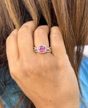 Load image into Gallery viewer, Cushion Cut Lab Pink Sapphire And Round Cut Sides Lab Diamonds Engagement Ring And Matching Band 14K Solid Yellow Gold Halo Wedding Set 3.00
