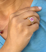 Load image into Gallery viewer, Cushion Cut Lab Pink Sapphire And Round Cut Sides Lab Diamonds Engagement Ring And Matching Band 14K Solid Yellow Gold Halo Wedding Set 3.00