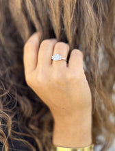 Load image into Gallery viewer, Cushion Cut Center And Half Moon Shape Sides Diamond Engagement Ring IGI Certified 14k Solid White Gold Three Stone Style 2.80ctw F-VS2