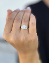 Load image into Gallery viewer, Cushion Cut Center And Half Moon Shape Sides Diamond Engagement Ring IGI Certified 14k Solid White Gold Three Stone Style 2.80ctw F-VS2