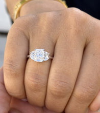 Load image into Gallery viewer, Cushion Cut Center And Half Moon Shape Sides Diamond Engagement Ring IGI Certified 14k Solid White Gold Three Stone Style 2.80ctw F-VS2