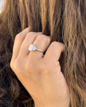 Load image into Gallery viewer, Cushion Cut Center And Half Moon Shape Sides Diamond Engagement Ring IGI Certified 14k Solid White Gold Three Stone Style 2.80ctw F-VS2