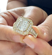 Load image into Gallery viewer, Asscher Cut and Round Cut Sides Diamonds Bezel Set Engagement Ring IGI Certified Filigree Bridal Ring 14k Solid and Heavy Yellow Gold 4.60ct