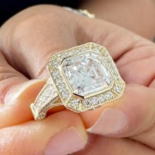 Load image into Gallery viewer, Asscher Cut and Round Cut Sides Diamonds Bezel Set Engagement Ring IGI Certified Filigree Bridal Ring 14k Solid and Heavy Yellow Gold 4.60ct
