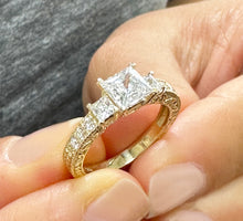Load image into Gallery viewer, Princess And Round Cut Diamond Engagement Ring Antique Style IGI Certified 14k Solid Yellow Gold Three Stone Style Wedding Ring 1.60ct F-VS2