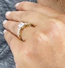 Load image into Gallery viewer, Princess And Round Cut Diamond Engagement Ring Antique Style IGI Certified 14k Solid Yellow Gold Three Stone Style Wedding Ring 1.60ct F-VS2