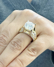 Load image into Gallery viewer, Cushion Cut And Round Cut Diamond Engagement Ring IGI Certified 14k Solid Yellow Gold Hiddent Halo Wedding Bridal Ring 5.50ct G-VS2