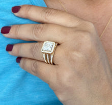 Load image into Gallery viewer, Princess Cut And Round Cut Sides Moissanite Engagement Ring 14k Solid Yellow Gold Wedding Ring Halo Triple Shank Style Bridal Ring 4.00ctw