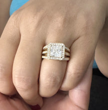Load image into Gallery viewer, Princess Cut And Round Cut Sides Moissanite Engagement Ring 14k Solid Yellow Gold Wedding Ring Halo Triple Shank Style Bridal Ring 4.00ctw