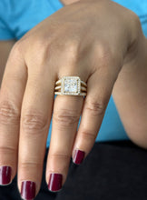 Load image into Gallery viewer, Princess Cut And Round Cut Sides Moissanite Engagement Ring 14k Solid Yellow Gold Wedding Ring Halo Triple Shank Style Bridal Ring 4.00ctw