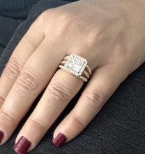 Load image into Gallery viewer, Princess Cut And Round Cut Sides Moissanite Engagement Ring 14k Solid Yellow Gold Wedding Ring Halo Triple Shank Style Bridal Ring 4.00ctw