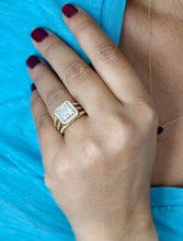 Load image into Gallery viewer, Princess Cut And Round Cut Sides Moissanite Engagement Ring 14k Solid Yellow Gold Wedding Ring Halo Triple Shank Style Bridal Ring 4.00ctw