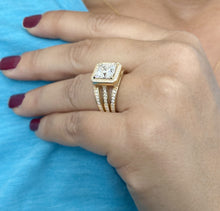 Load image into Gallery viewer, Princess Cut And Round Cut Sides Moissanite Engagement Ring 14k Solid Yellow Gold Wedding Ring Halo Triple Shank Style Bridal Ring 4.00ctw