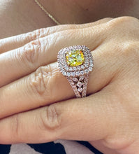 Load image into Gallery viewer, Cushion cut Fancy Yellow Moissanite And Round, Marquee, And Princess Cut Sides Engagement Ring 14k Solid Rose Gold Halo Wedding Ring 3.20ctw
