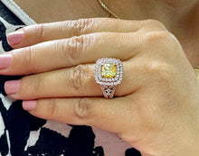 Load image into Gallery viewer, Cushion cut Fancy Yellow Moissanite And Round, Marquee, And Princess Cut Sides Engagement Ring 14k Solid Rose Gold Halo Wedding Ring 3.20ctw