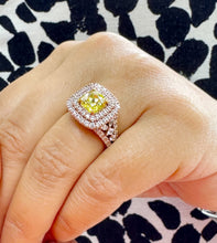 Load image into Gallery viewer, Cushion cut Fancy Yellow Moissanite And Round, Marquee, And Princess Cut Sides Engagement Ring 14k Solid Rose Gold Halo Wedding Ring 3.20ctw