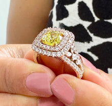 Load image into Gallery viewer, Cushion cut Fancy Yellow Moissanite And Round, Marquee, And Princess Cut Sides Engagement Ring 14k Solid Rose Gold Halo Wedding Ring 3.20ctw