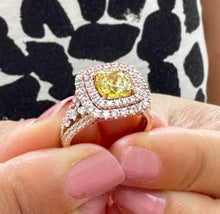 Load image into Gallery viewer, Cushion cut Fancy Yellow Moissanite And Round, Marquee, And Princess Cut Sides Engagement Ring 14k Solid Rose Gold Halo Wedding Ring 3.20ctw