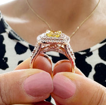 Load image into Gallery viewer, Cushion cut Fancy Yellow Moissanite And Round, Marquee, And Princess Cut Sides Engagement Ring 14k Solid Rose Gold Halo Wedding Ring 3.20ctw