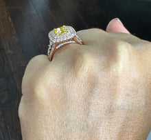 Load image into Gallery viewer, Cushion cut Fancy Yellow Moissanite And Round, Marquee, And Princess Cut Sides Engagement Ring 14k Solid Rose Gold Halo Wedding Ring 3.20ctw