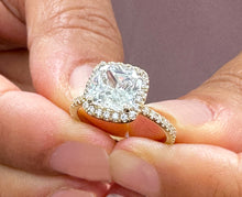Load image into Gallery viewer, Cushion Cut Moissanite And Round Cut Natural Diamond Sides Engagement Ring 14k Solid Yellow Gold Halo Style Bridal Wedding Ring 2.50ctw