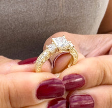 Load image into Gallery viewer, GIA Certified Natural Princess And Round Cut Diamond Engagement Ring Antique Style 14k Solid Yellow Gold Three Stone Style Wedding Ring 1.60
