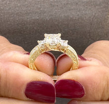 Load image into Gallery viewer, GIA Certified Natural Princess And Round Cut Diamond Engagement Ring Antique Style 14k Solid Yellow Gold Three Stone Style Wedding Ring 1.60