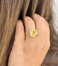 Load image into Gallery viewer, Cushion Cut Yellow Citrine and Round Cut Natural Diamond Sudes Ring Set In 14K Solid Yellow Gold Split Shank halo Style Ring 5.70ctw