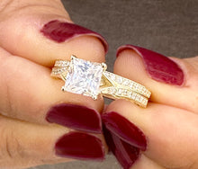 Load image into Gallery viewer, Princess Cut Moissanite and Round Cut Sides Natural Diamond Engagement Ring And Matching Band 14k Solid Yellow Gold Wedding Bridal Set 2.10