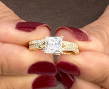 Load image into Gallery viewer, Princess Cut Moissanite and Round Cut Sides Natural Diamond Engagement Ring And Matching Band 14k Solid Yellow Gold Wedding Bridal Set 2.10