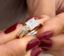 Load image into Gallery viewer, Princess Cut Moissanite and Round Cut Sides Natural Diamond Engagement Ring And Matching Band 14k Solid Yellow Gold Wedding Bridal Set 2.10