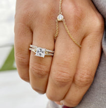Load image into Gallery viewer, Princess Cut Moissanite and Round Cut Sides Natural Diamond Engagement Ring And Matching Band 14k Solid Yellow Gold Wedding Bridal Set 2.10