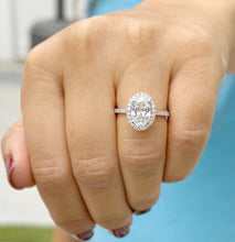Load image into Gallery viewer, Oval Cut Moissanite And Natural Round Cut Side Diamonds Engagement Ring Halo Style Wedding Ring In 14k Solid White Gold Bridal Ring 3.50ctw