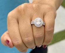 Load image into Gallery viewer, Oval Cut Moissanite and Round Cut Natural Side Diamond Engagement Ring Double Halo Set In 14k Solid White Gold Triple Shank Style 2.40ctw