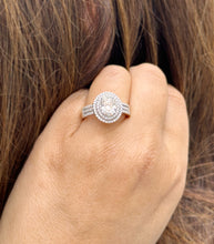 Load image into Gallery viewer, Oval Cut Moissanite and Round Cut Natural Side Diamond Engagement Ring Double Halo Set In 14k Solid White Gold Triple Shank Style 2.40ctw