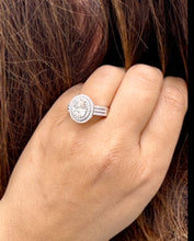 Load image into Gallery viewer, Oval Cut Moissanite and Round Cut Natural Side Diamond Engagement Ring Double Halo Set In 14k Solid White Gold Triple Shank Style 2.40ctw