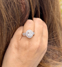 Load image into Gallery viewer, Oval Cut Moissanite and Round Cut Natural Side Diamond Engagement Ring Double Halo Set In 14k Solid White Gold Triple Shank Style 2.40ctw